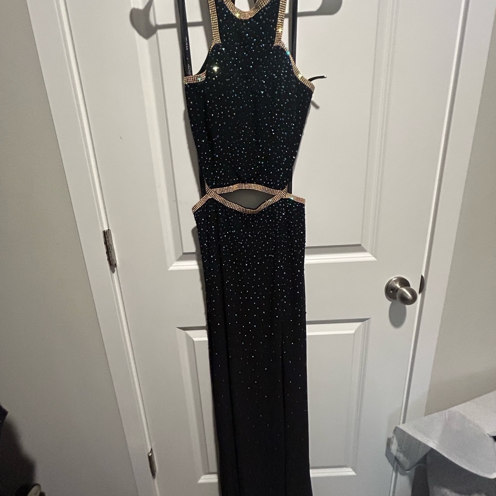 JOVANI Elegant Black Evening Gown with Gold Accents